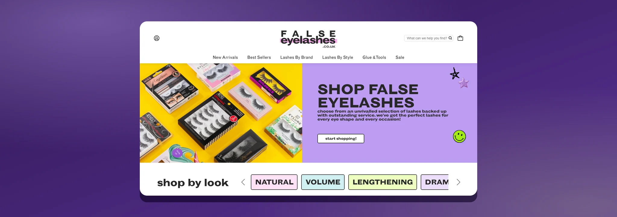 The False Eyelashes desktop homepage DYODE built: logo and navigation, a lash flat lay beside the shop headline, and shop by look tiles
