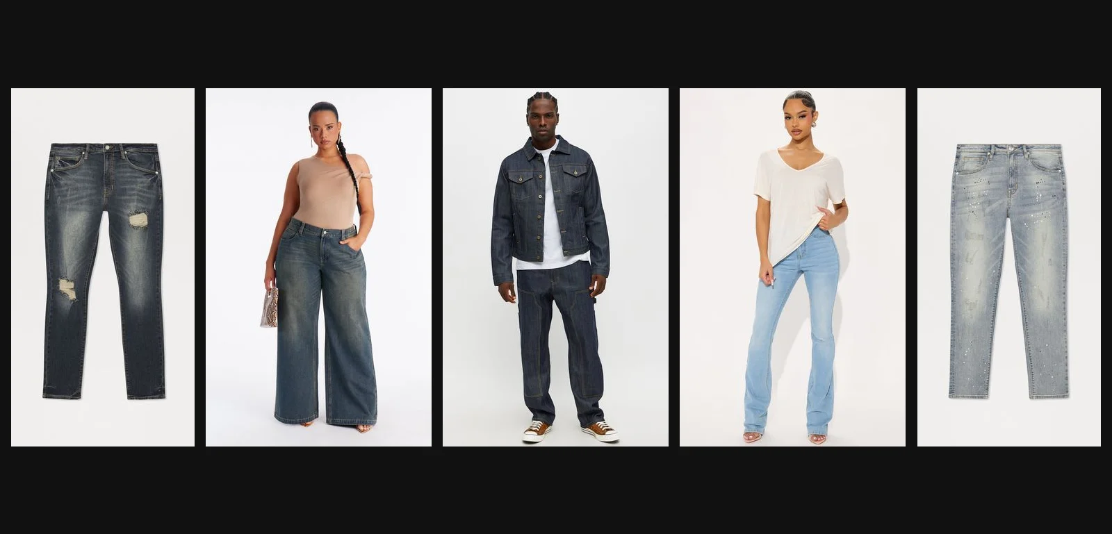 Fashion Nova denim lineup of jeans and models in jean outfits on a black backdrop