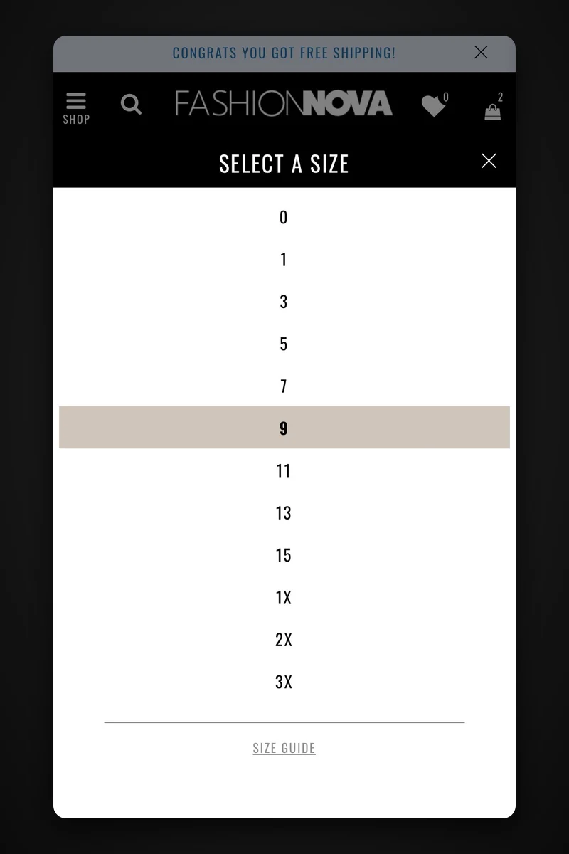 Fashion Nova mobile size selector in the accessible add-to-bag dropdown: a list of sizes from 0 to 3X with a size guide link