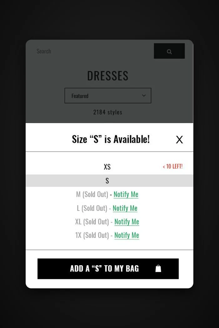 Fashion Nova mobile size dropdown design: size S selected, sold-out sizes marked Notify Me, and an Add S to my bag button