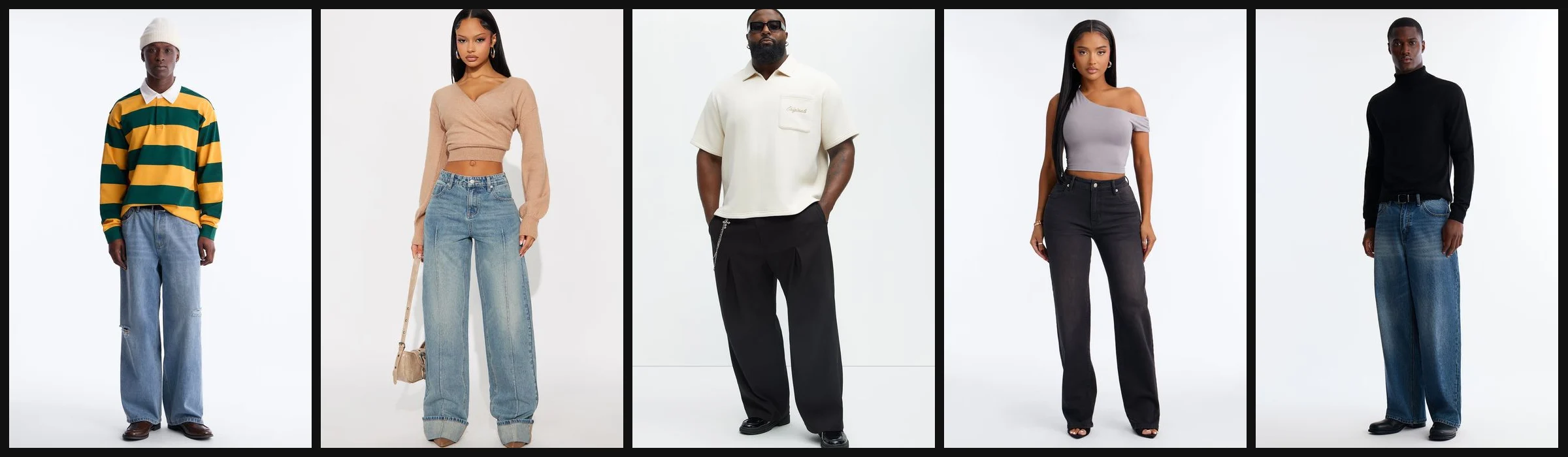 Five Fashion Nova looks: a striped rugby shirt, a wrap sweater, a cream camp shirt, a gray one-shoulder top and a black turtleneck, worn with jeans and trousers