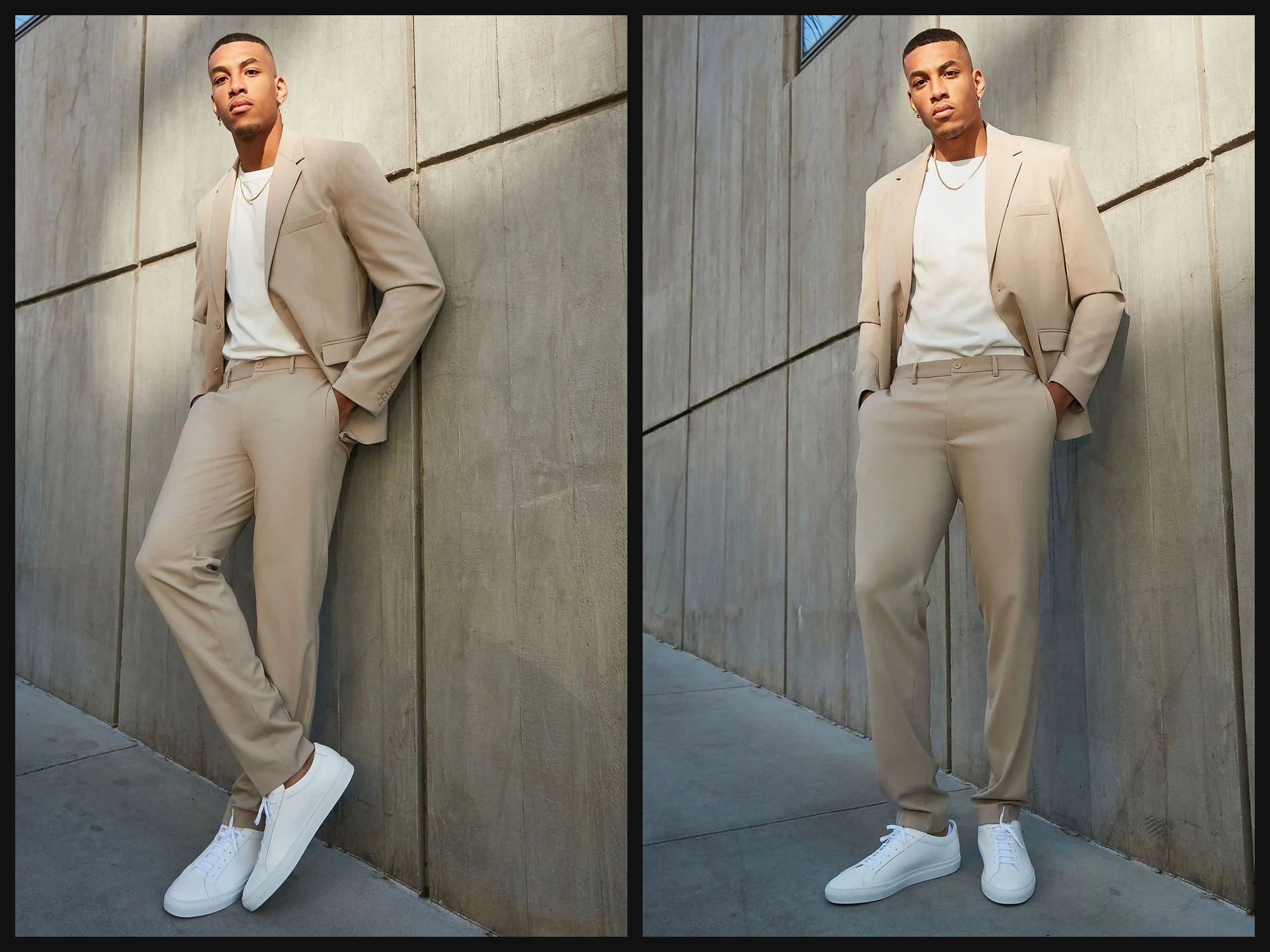 Model in a tan suit and white sneakers leaning against a concrete wall