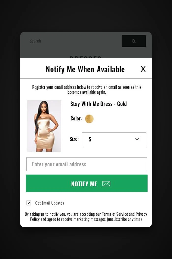 Fashion Nova mobile Notify Me When Available design with size, email field and green Notify Me button