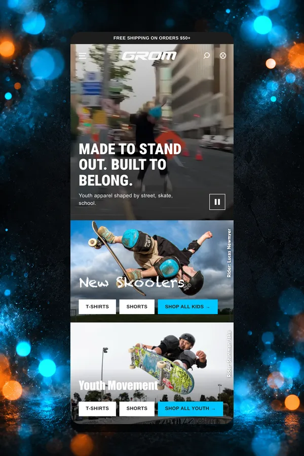 Redesigned Grom homepage on mobile, with the video hero and the New Skoolers and Youth Movement tiles