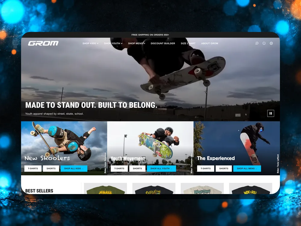 Grom homepage on desktop, with the video hero and the New Skoolers, Youth Movement and The Experienced category tiles