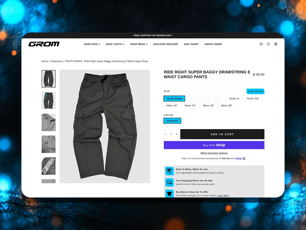 Grom Ride Right cargo pants product page on desktop, with sizes, size guide and reassurance messaging