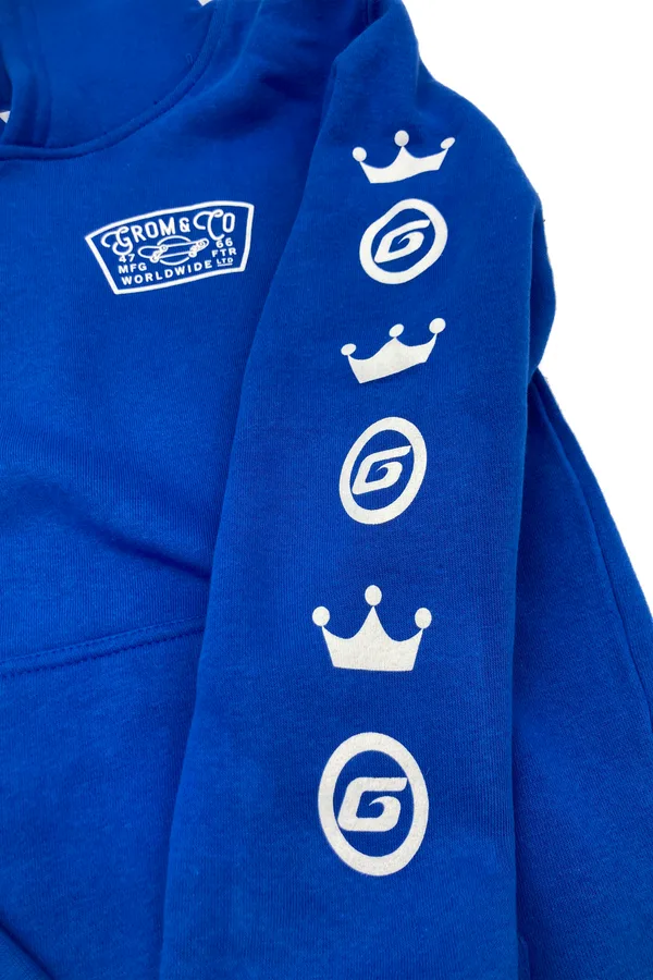 Blue Grom hoodie with crown and G logo prints down the sleeve