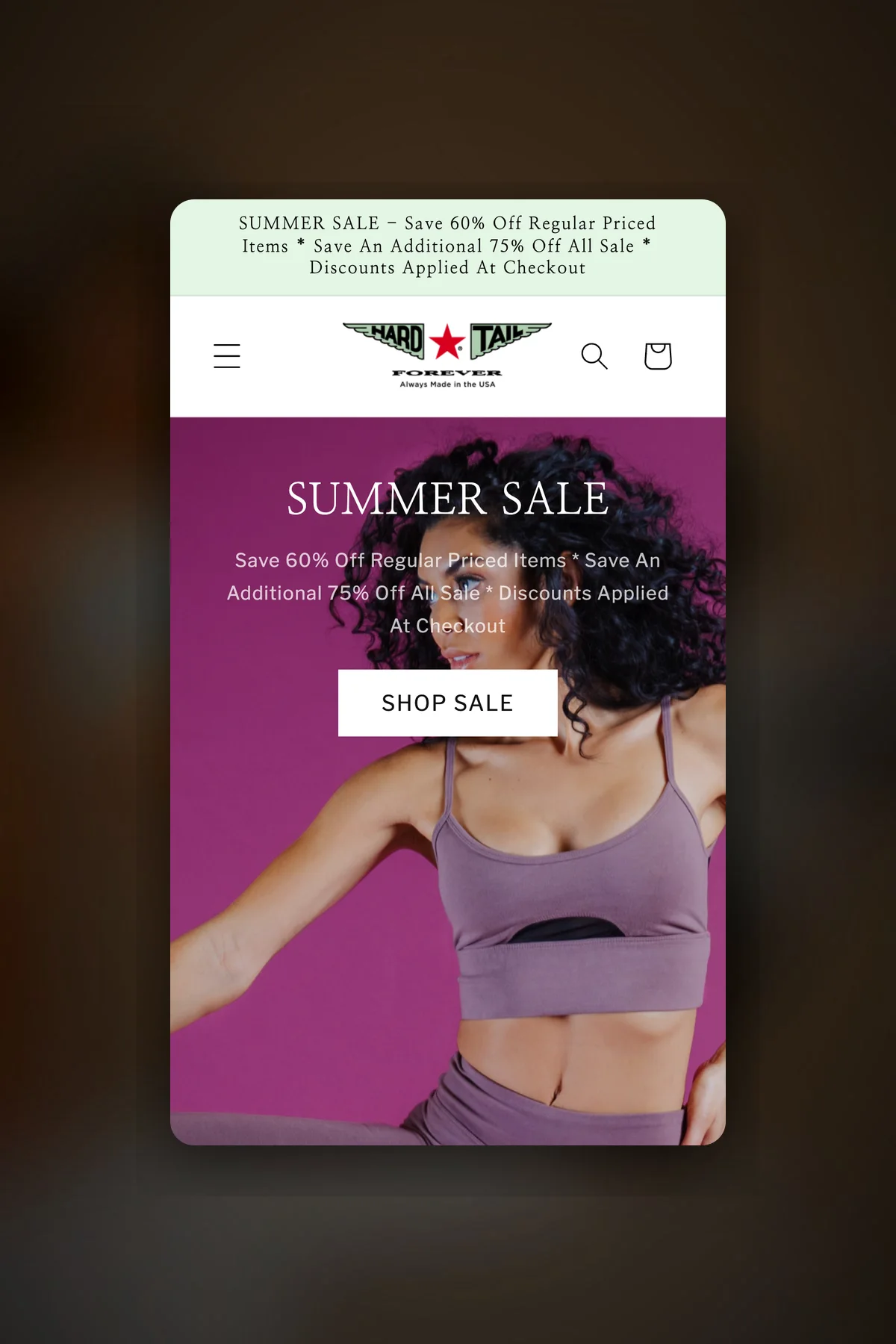 Hard Tail homepage on mobile, built on Shopify's Dawn theme