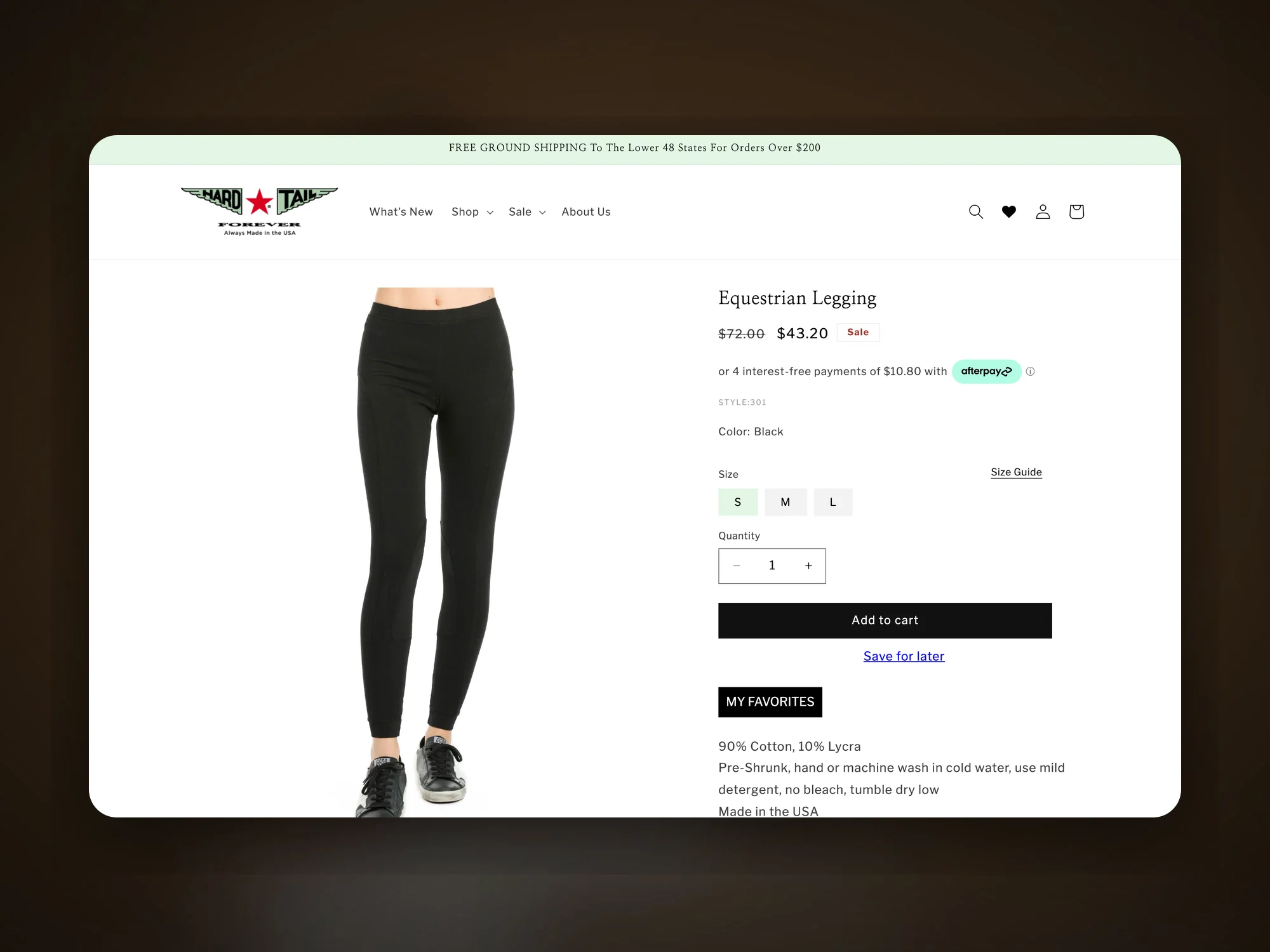 Hard Tail Equestrian Legging product page on desktop with size options and add to cart