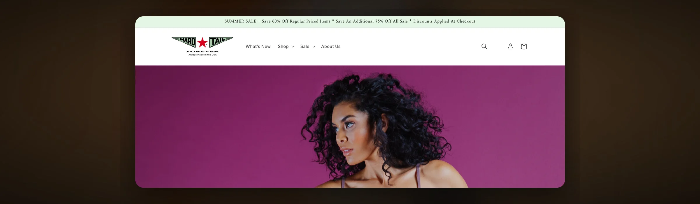 Hard Tail homepage header and hero on desktop