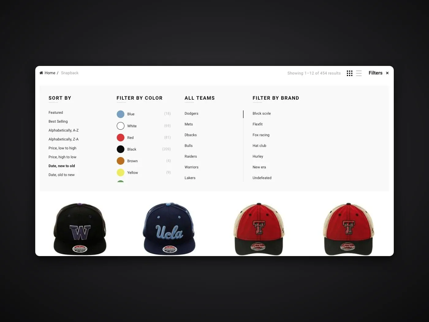 Hat Club snapback collection page on the new Shopify theme, with sort, color, team and brand filters above the product grid
