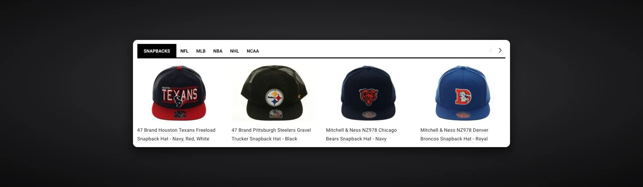 Hat Club homepage product carousel on the new Shopify theme, with Snapbacks, NFL, MLB, NBA, NHL and NCAA tabs