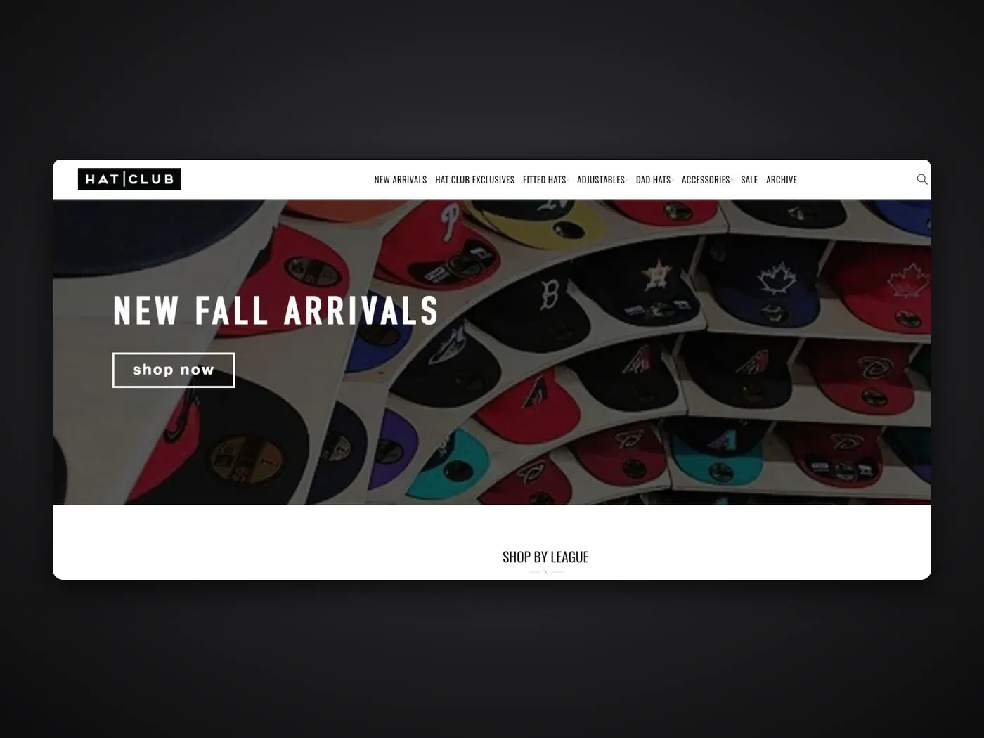 Hat Club homepage on the new Shopify theme, with a full-width mega menu, a hat-wall hero banner and a Shop by League section