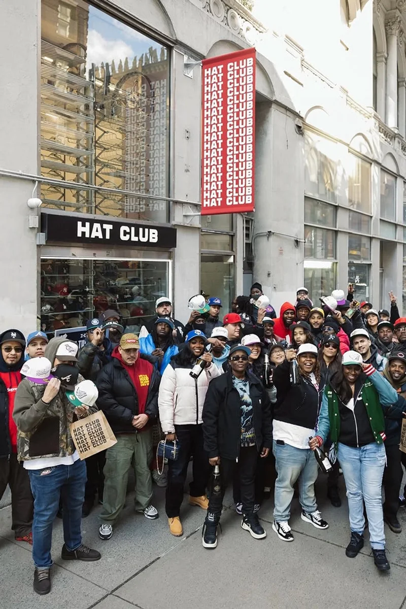 Crowd of customers outside a Hat Club store with red Hat Club banners
