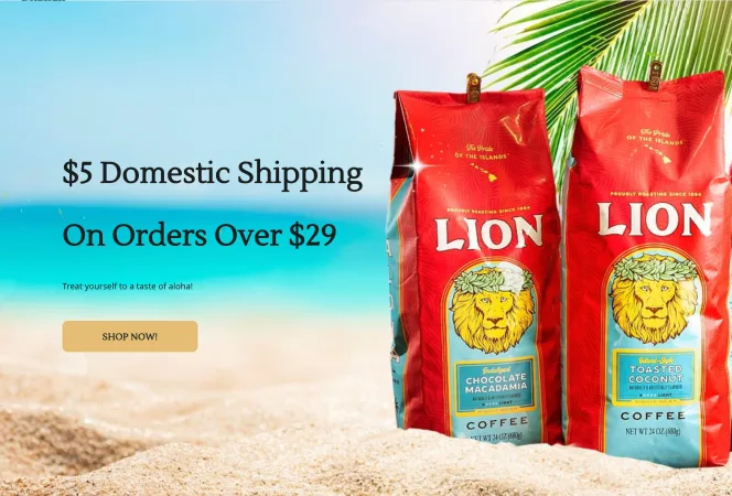 $5 domestic shipping over $29 banner featuring Lion Coffee bags