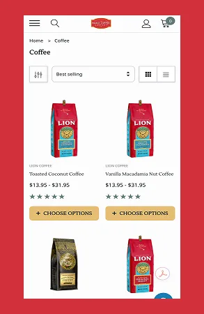 Coffee collection page on mobile with Lion Coffee SKUs