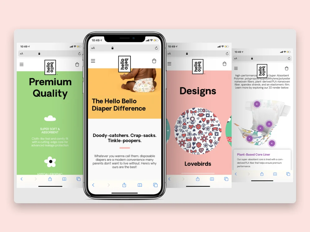 Mobile designs for the Hello Bello Diaper Difference page: a Premium Quality section, the page intro, a Designs carousel and a 3D diaper render