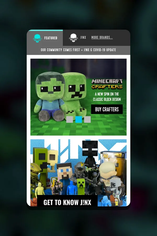 J!NX homepage on mobile with Minecraft Crafters plush and Get to know J!NX banners