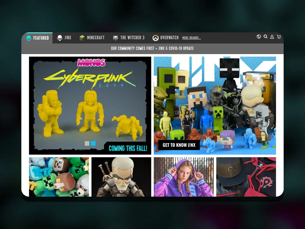 J!NX homepage on desktop with the franchise tab bar and a Cyberpunk 2077 figures banner