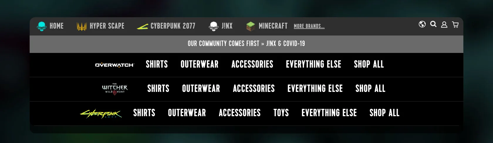 J!NX store headers for Overwatch, The Witcher 3 and Cyberpunk 2077, each with its own logo and menu
