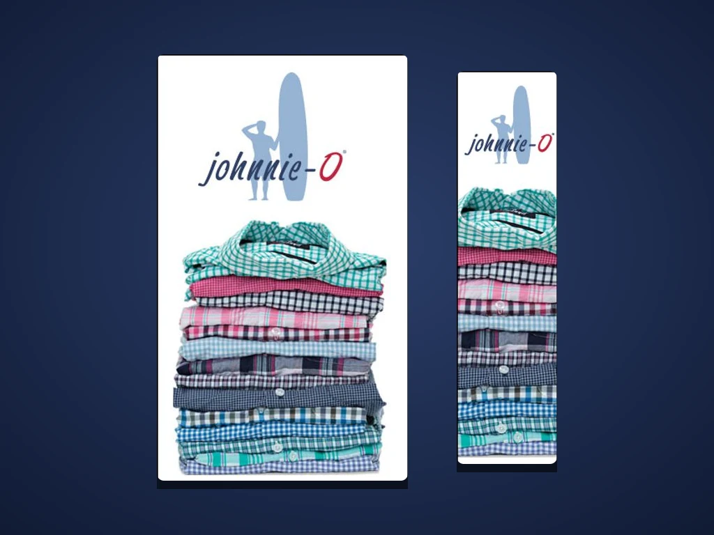 Display banners DYODE made for johnnie-O's affiliate program: the surfer logo above a stack of folded plaid button-down shirts