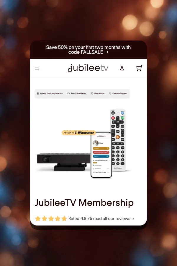 JubileeTV membership product page on mobile, showing the console, remote, and caregiver app