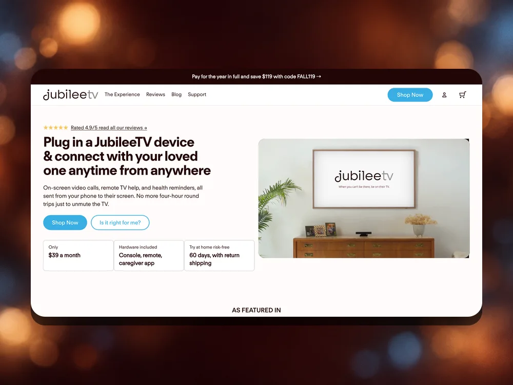 JubileeTV homepage on desktop reading Plug in a JubileeTV device and connect with your loved one