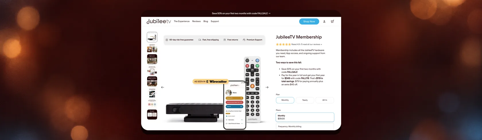 JubileeTV membership product page on desktop with plan options