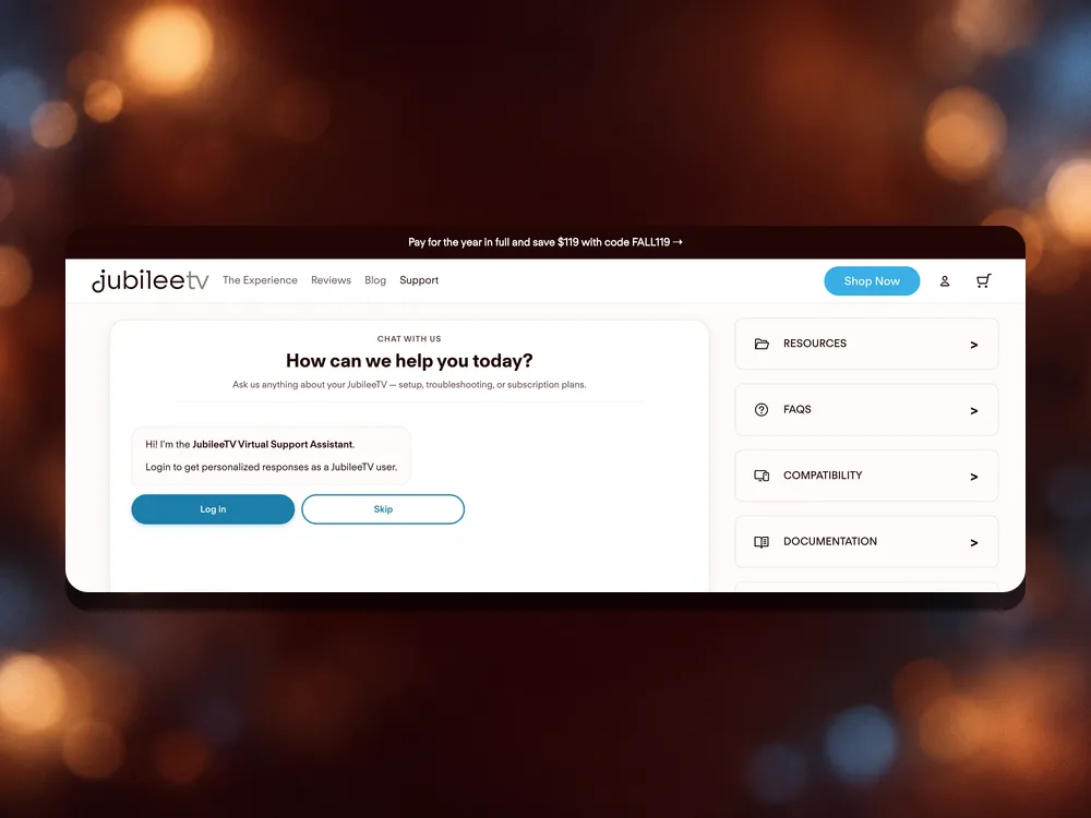 Redesigned JubileeTV Customer Support page with chat and help topics