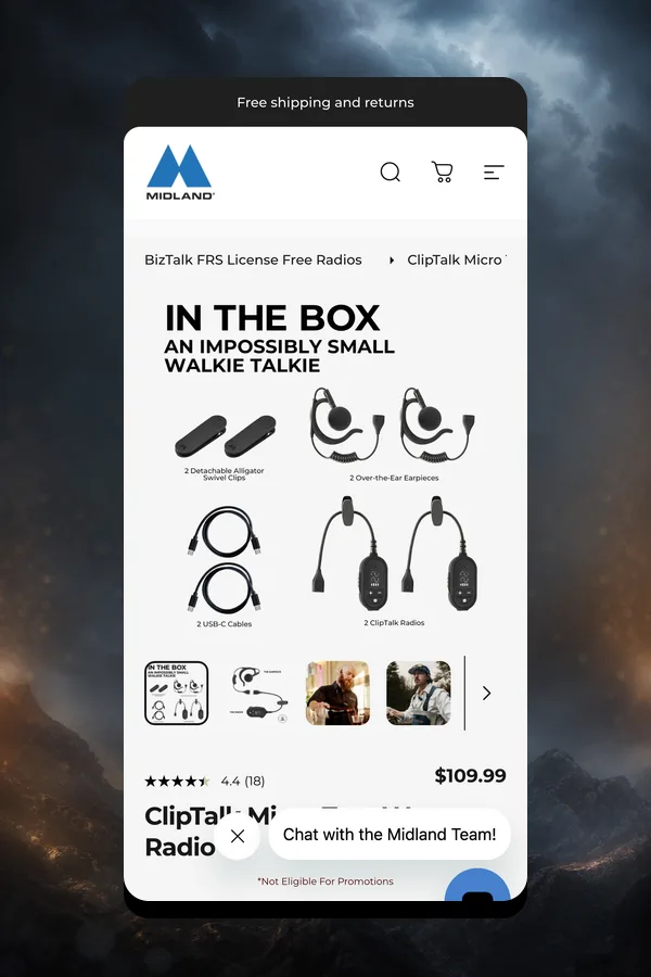 Midland CLIPTALK product page on mobile