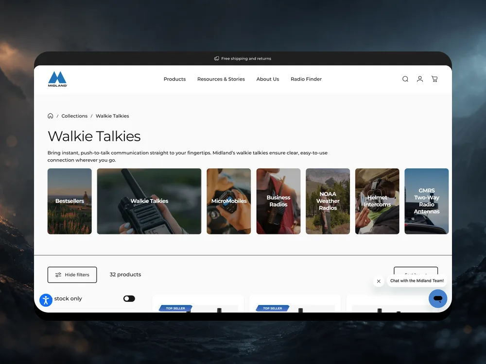 Midland walkie-talkie collection page on desktop