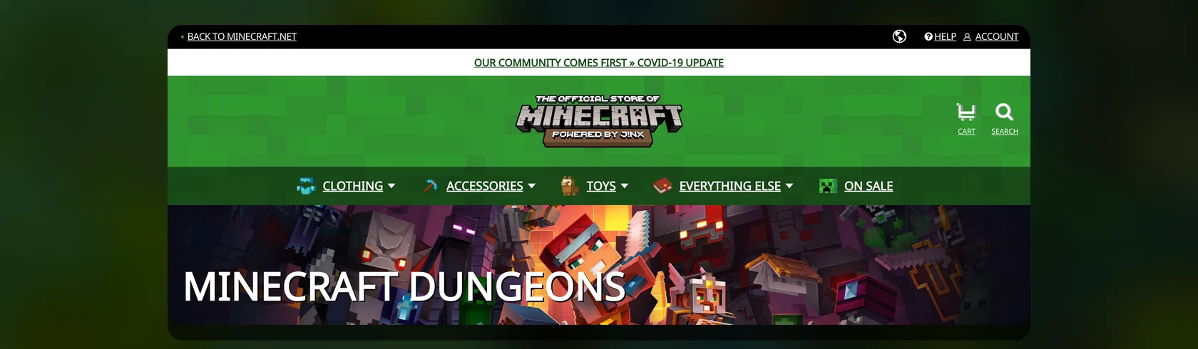 Minecraft Dungeons collection page header on the official Minecraft Shop