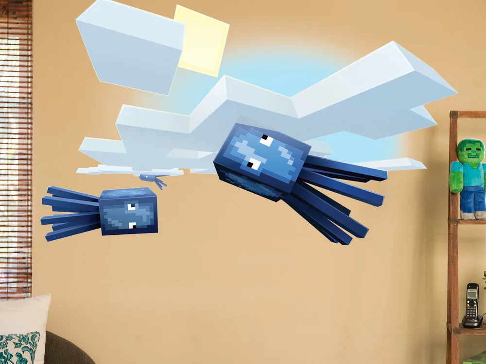Minecraft flying squid wall decal above a bookshelf