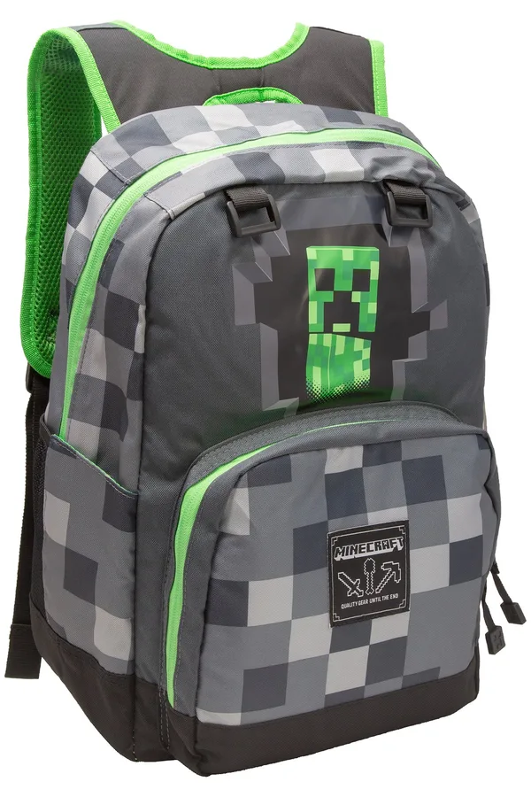 Grey pixel-camo Minecraft backpack with a Creeper face
