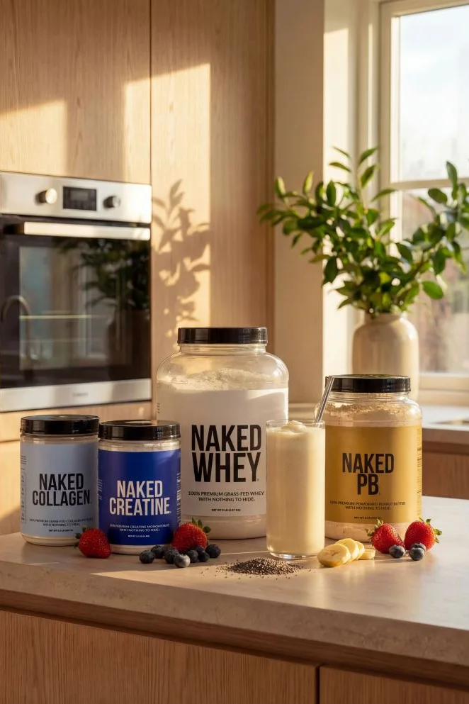 Naked Collagen, Creatine, Whey and PB tubs with a shake on a sunlit kitchen counter