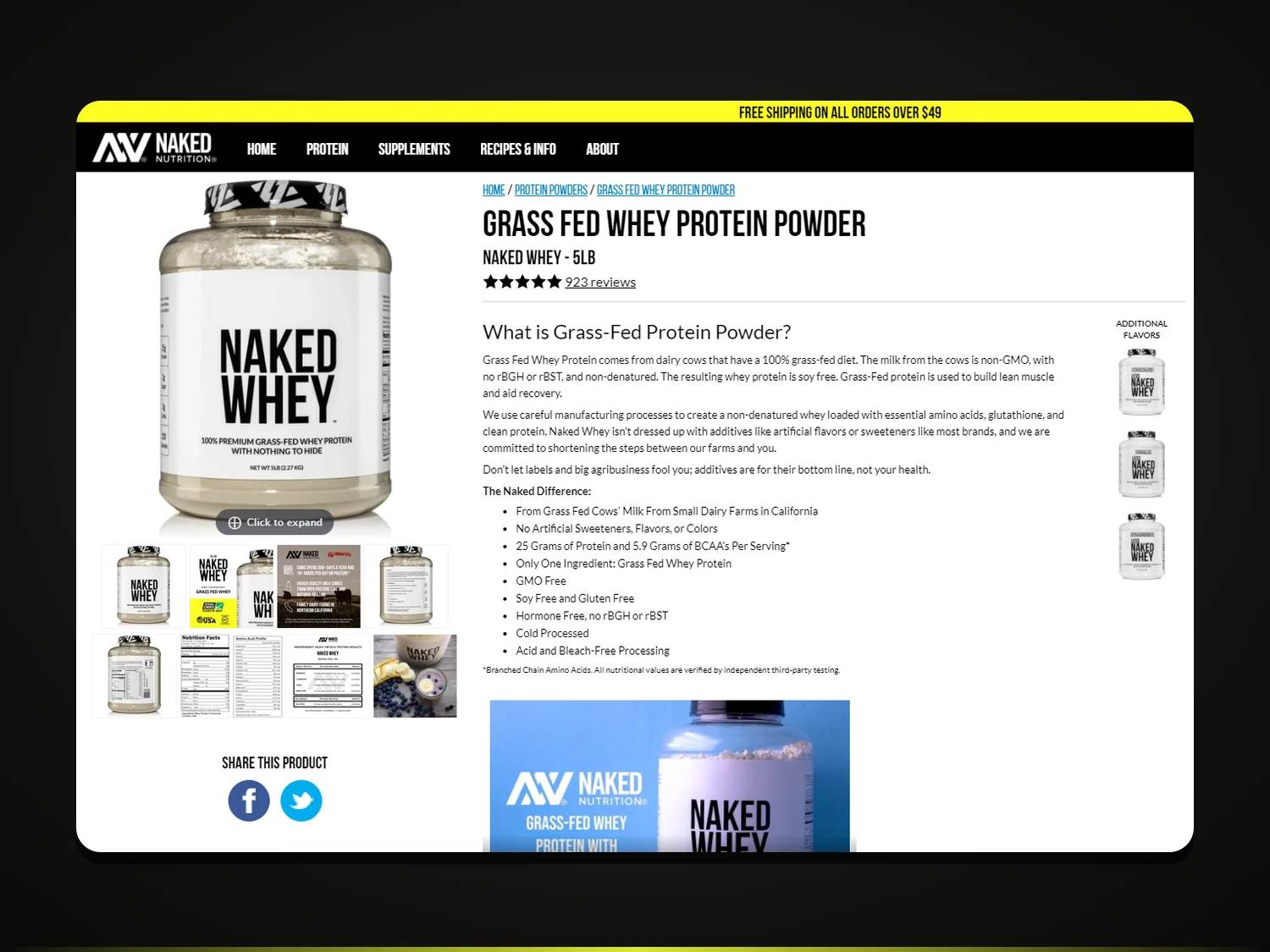 Naked Nutrition Grass Fed Whey Protein Powder product page on desktop, reviewed during the ReCharge migration