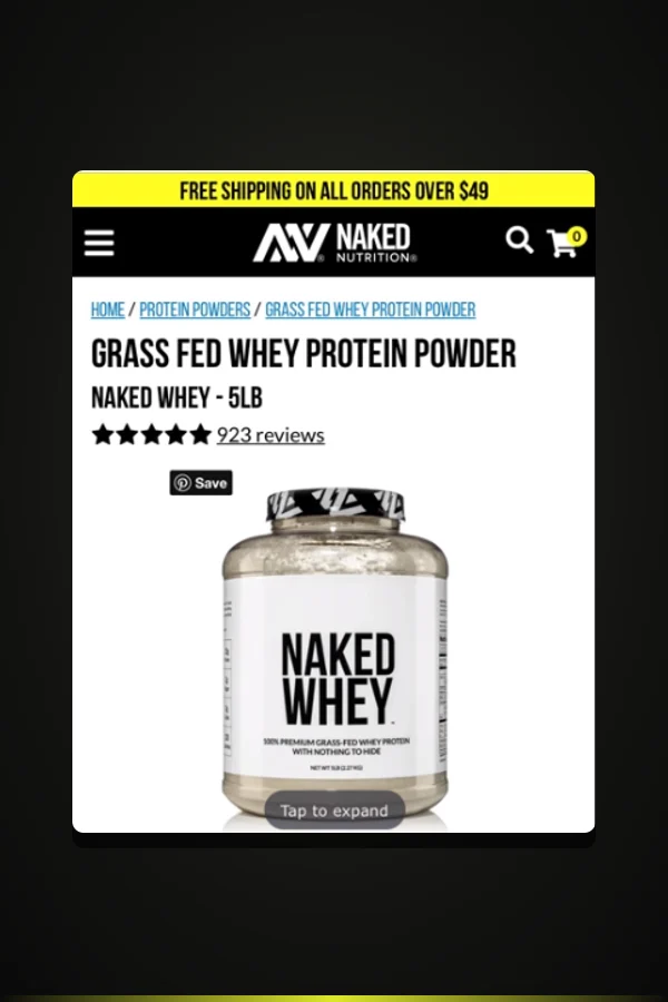 Naked Nutrition Grass Fed Whey Protein Powder product page on mobile, reviewed during the ReCharge migration