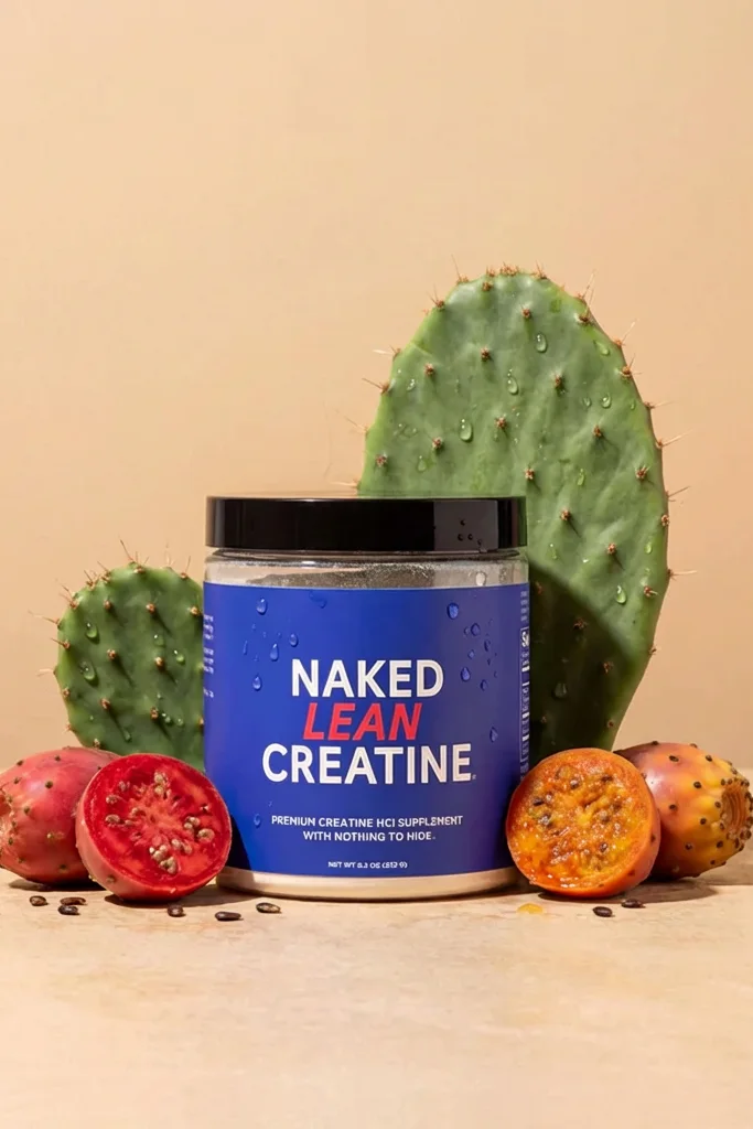 Tub of Naked Lean Creatine with cactus and prickly pear fruit