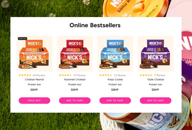N!CK'S Online Bestsellers protein bar grid with Add to Cart