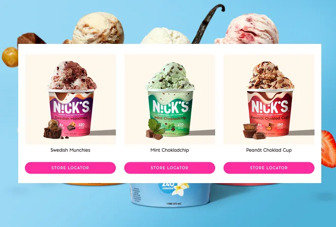 N!CK'S featured ice cream collection module with store locator CTAs