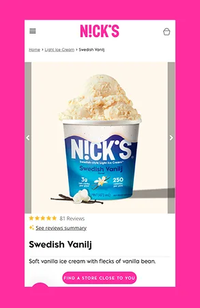 N!CK'S Swedish Vanilj product detail page on mobile
