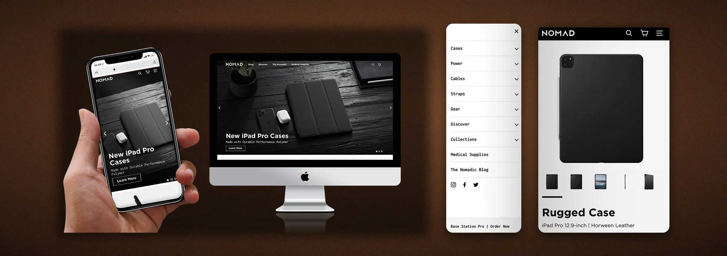 Nomad homepage on a phone and desktop, beside the mobile menu and an iPad Pro case page