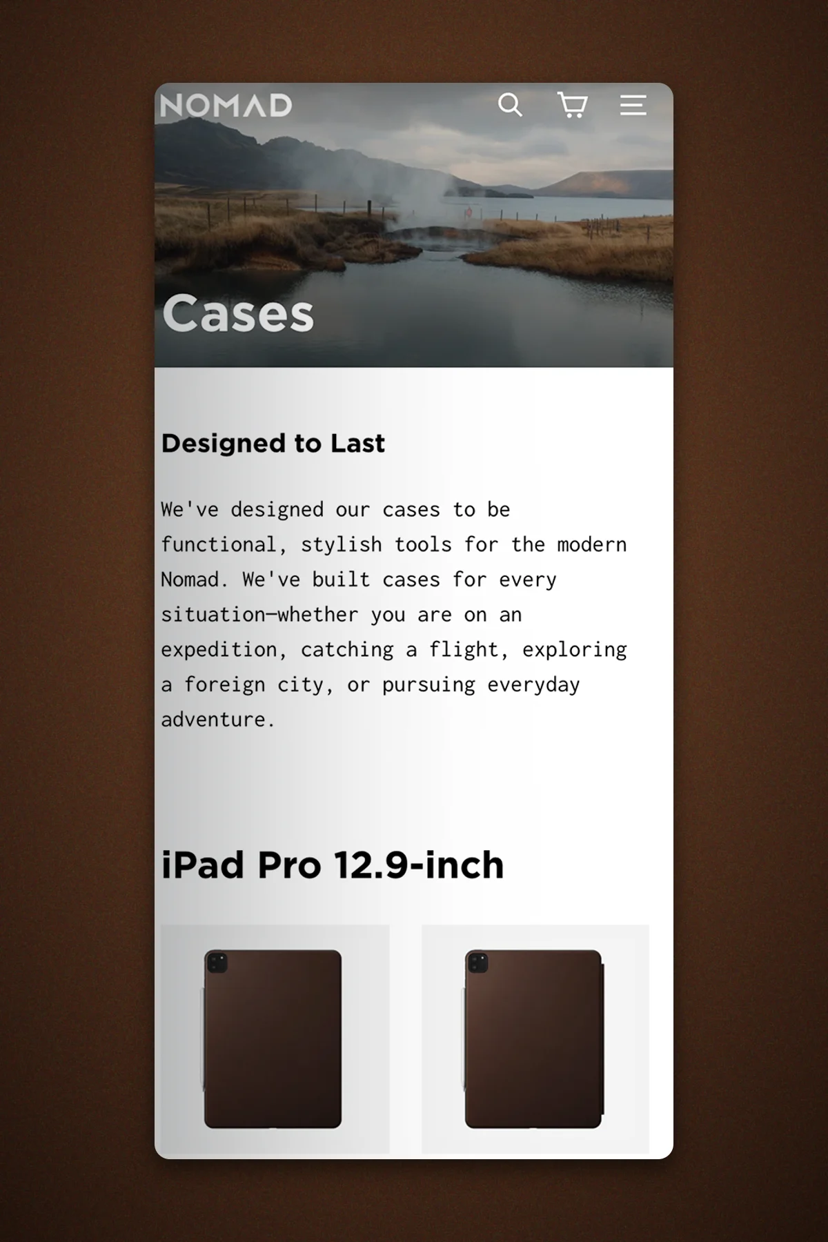 Nomad Cases collection page on mobile, with the iPad Pro 12.9-inch cases in Horween leather