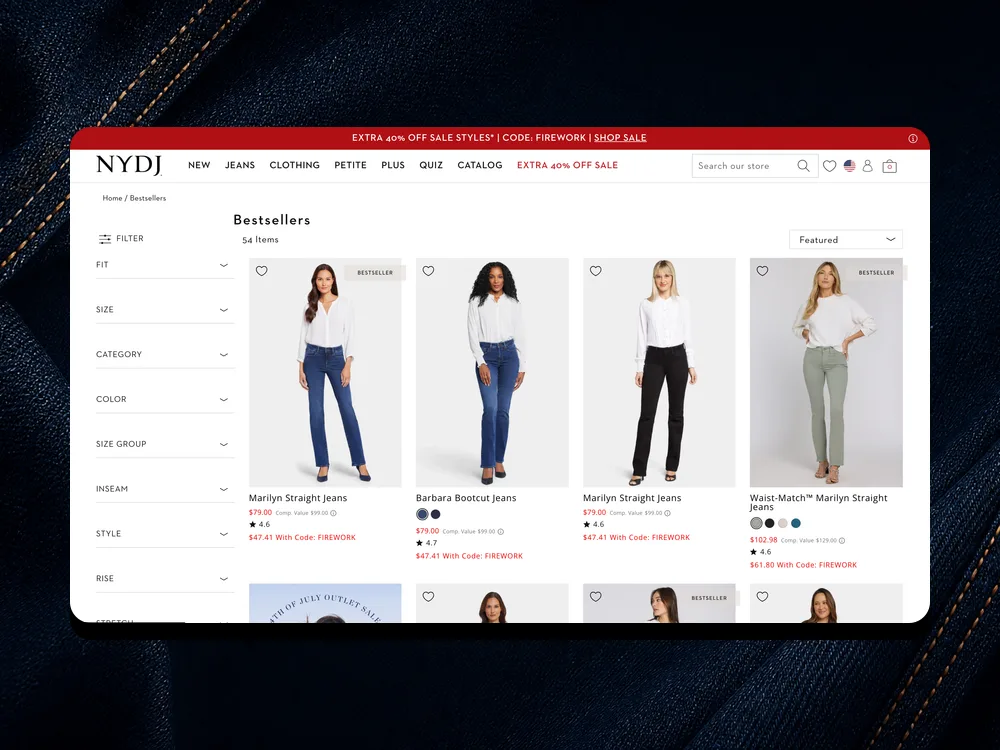 NYDJ Bestsellers collection page with fit and size filters on desktop