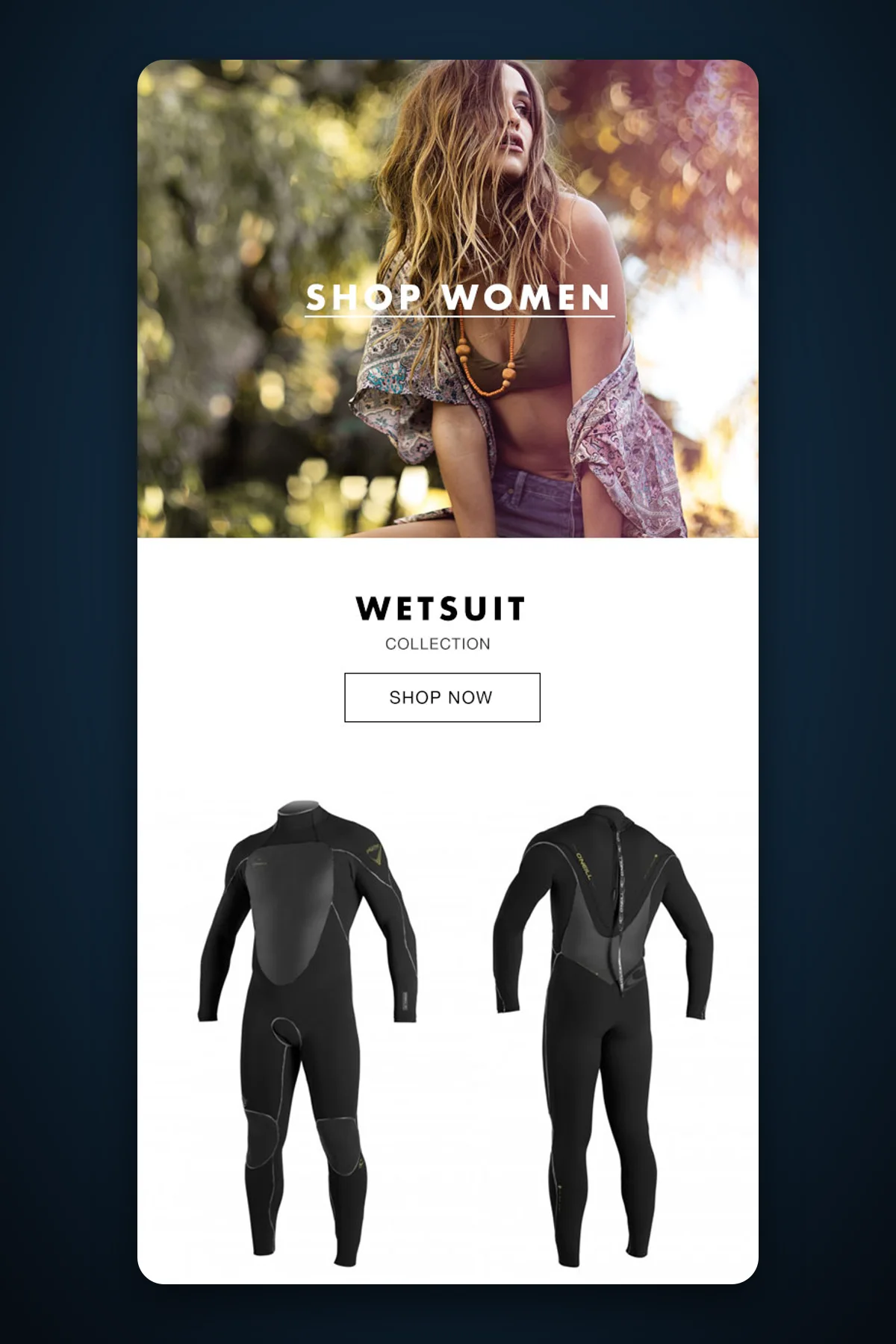 O'Neill's Shopify homepage design on mobile, with a Shop Women banner and the wetsuit collection