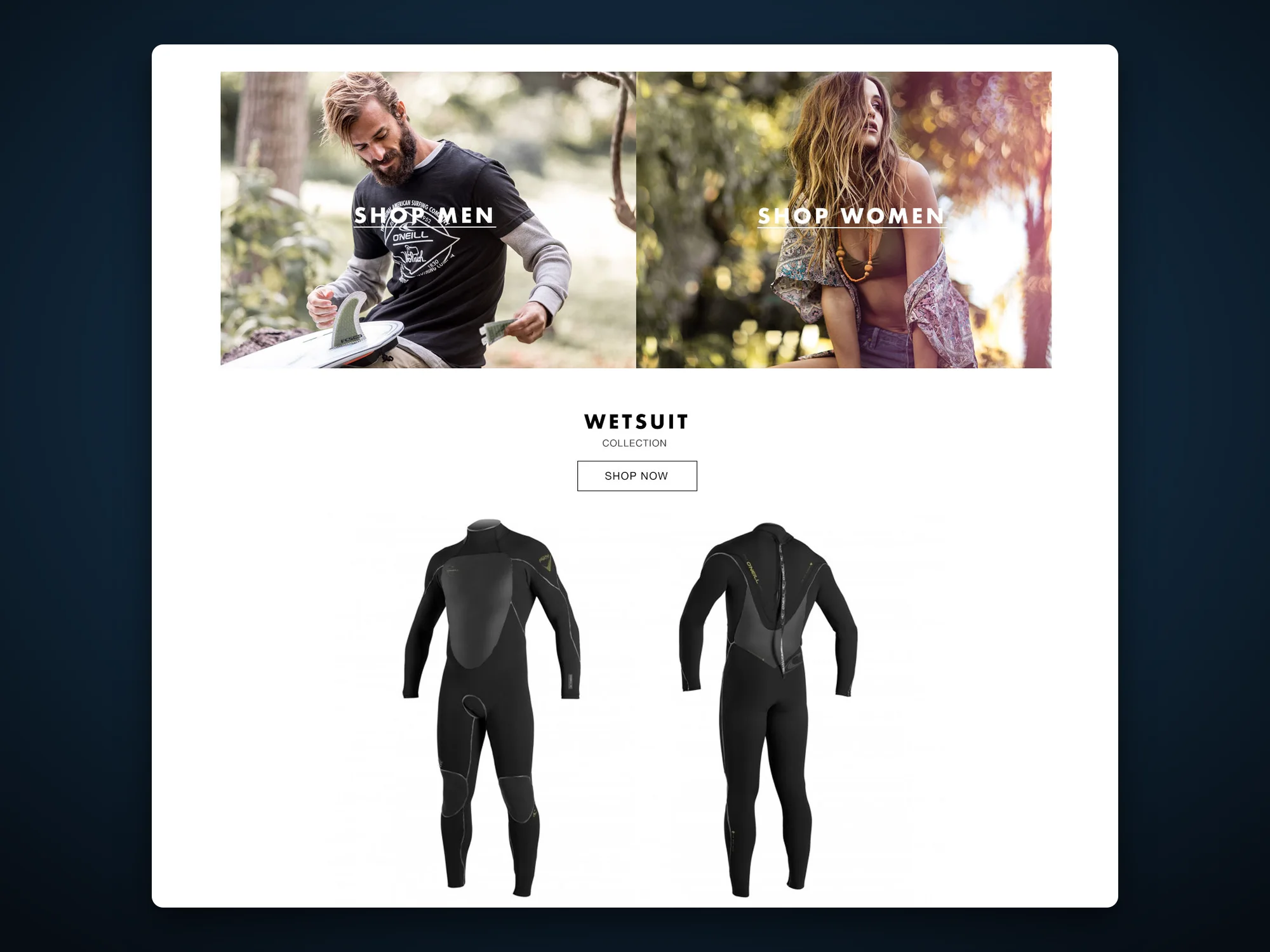 O'Neill's Shopify homepage design on desktop with Shop Men and Shop Women banners and the wetsuit collection