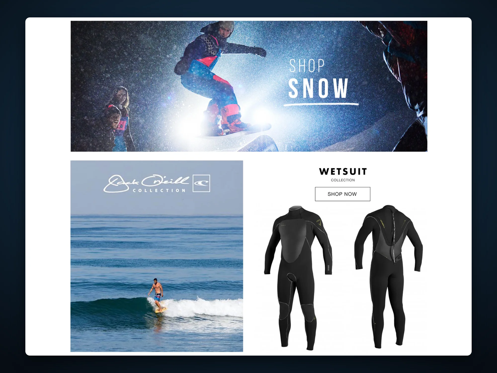 O'Neill's Shopify men's page design with a Shop Snow banner, the Jack O'Neill Collection and wetsuits