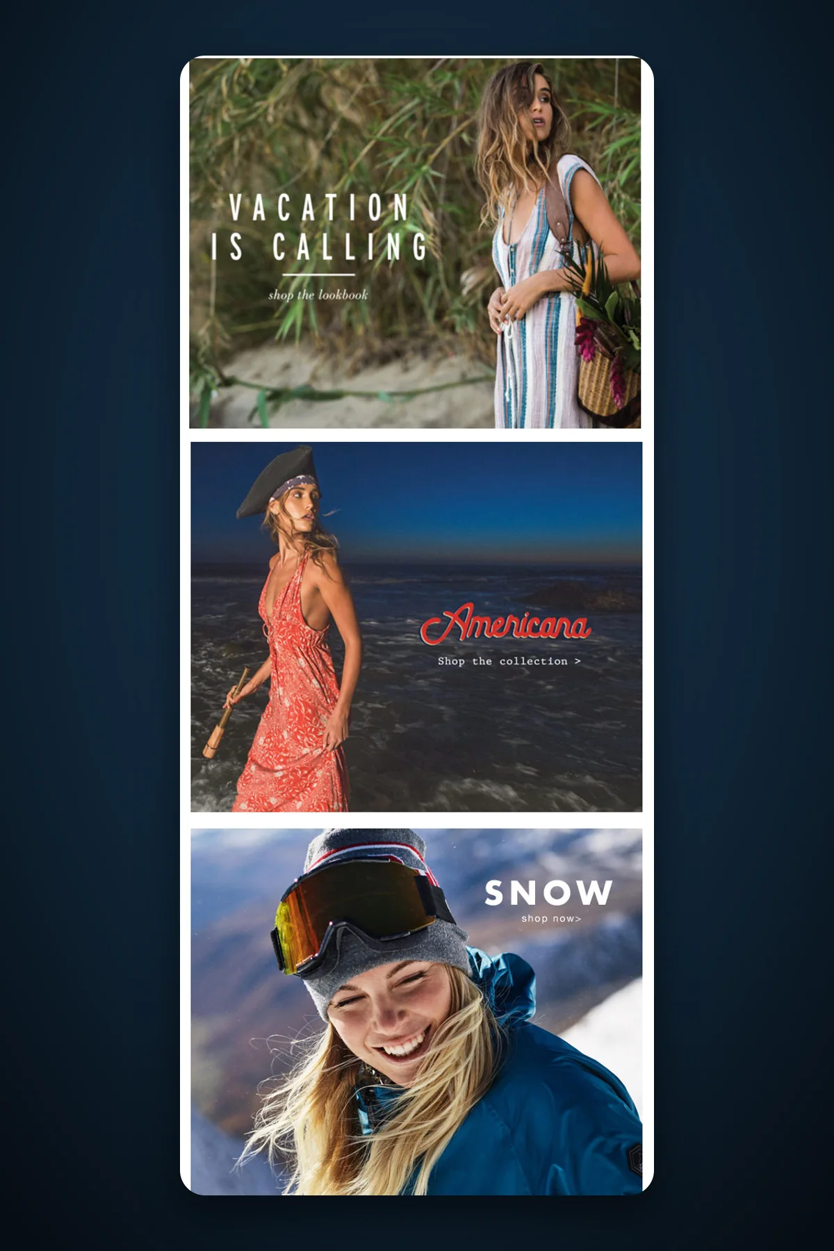 O'Neill's Shopify women's page design on mobile with Vacation Is Calling, Americana and Snow banners