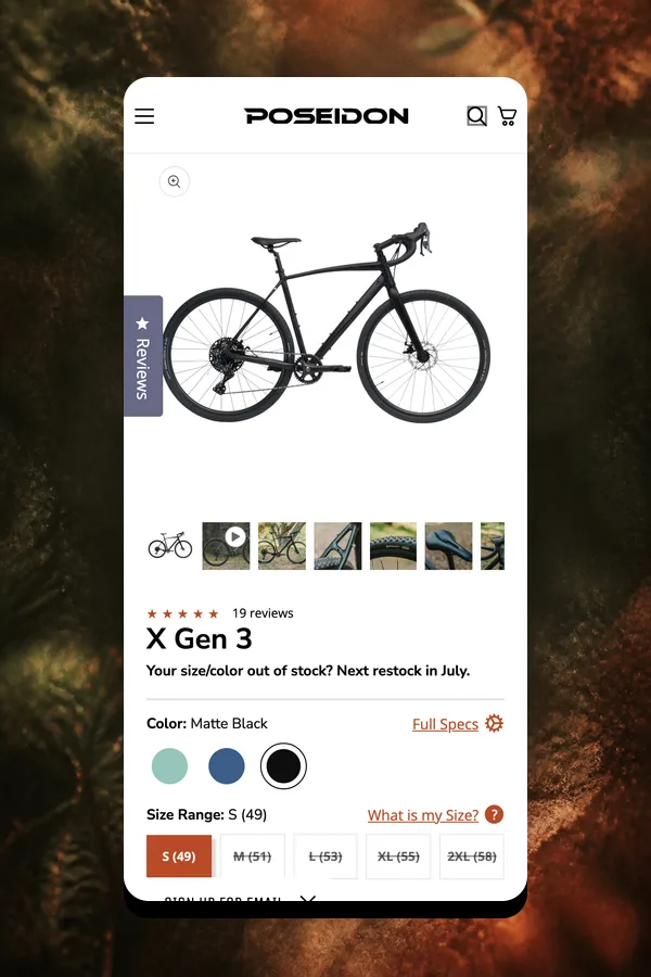 Poseidon Bikes product page on mobile