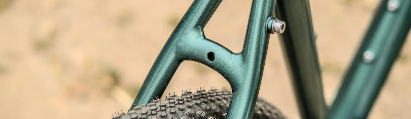 Close-up detail of a Poseidon bike frame on a dirt trail